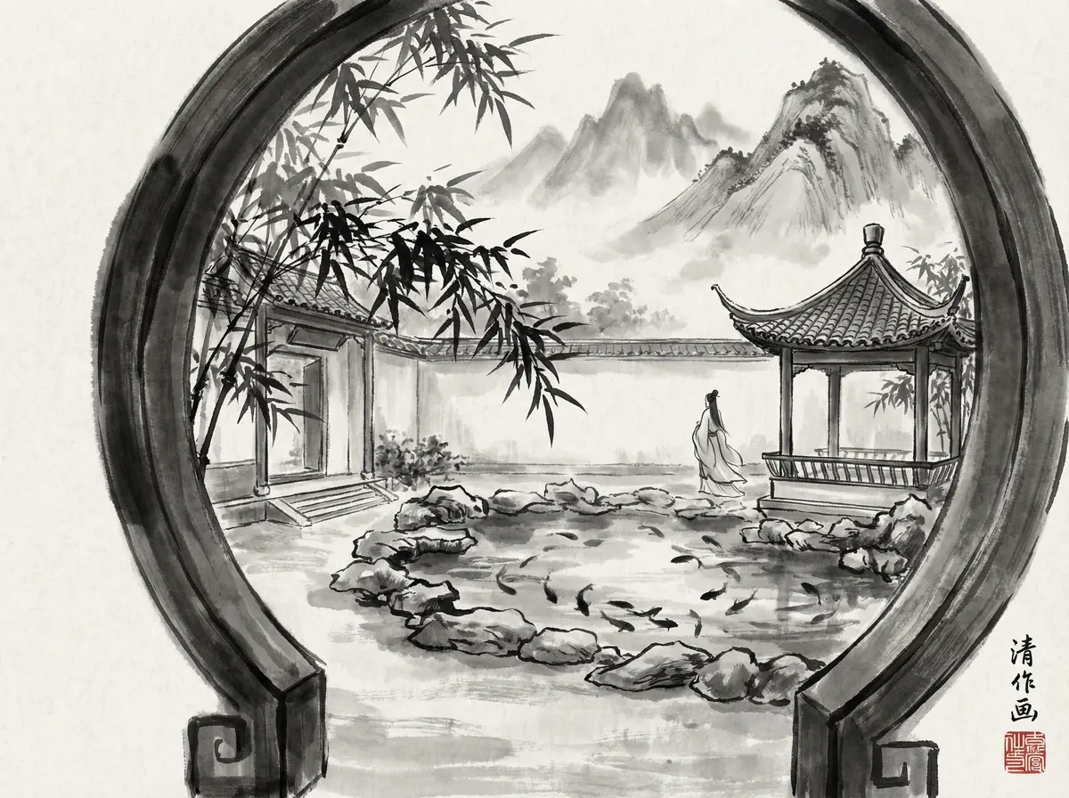 澳门金沙水墨风格中式园林酒店庭院全景