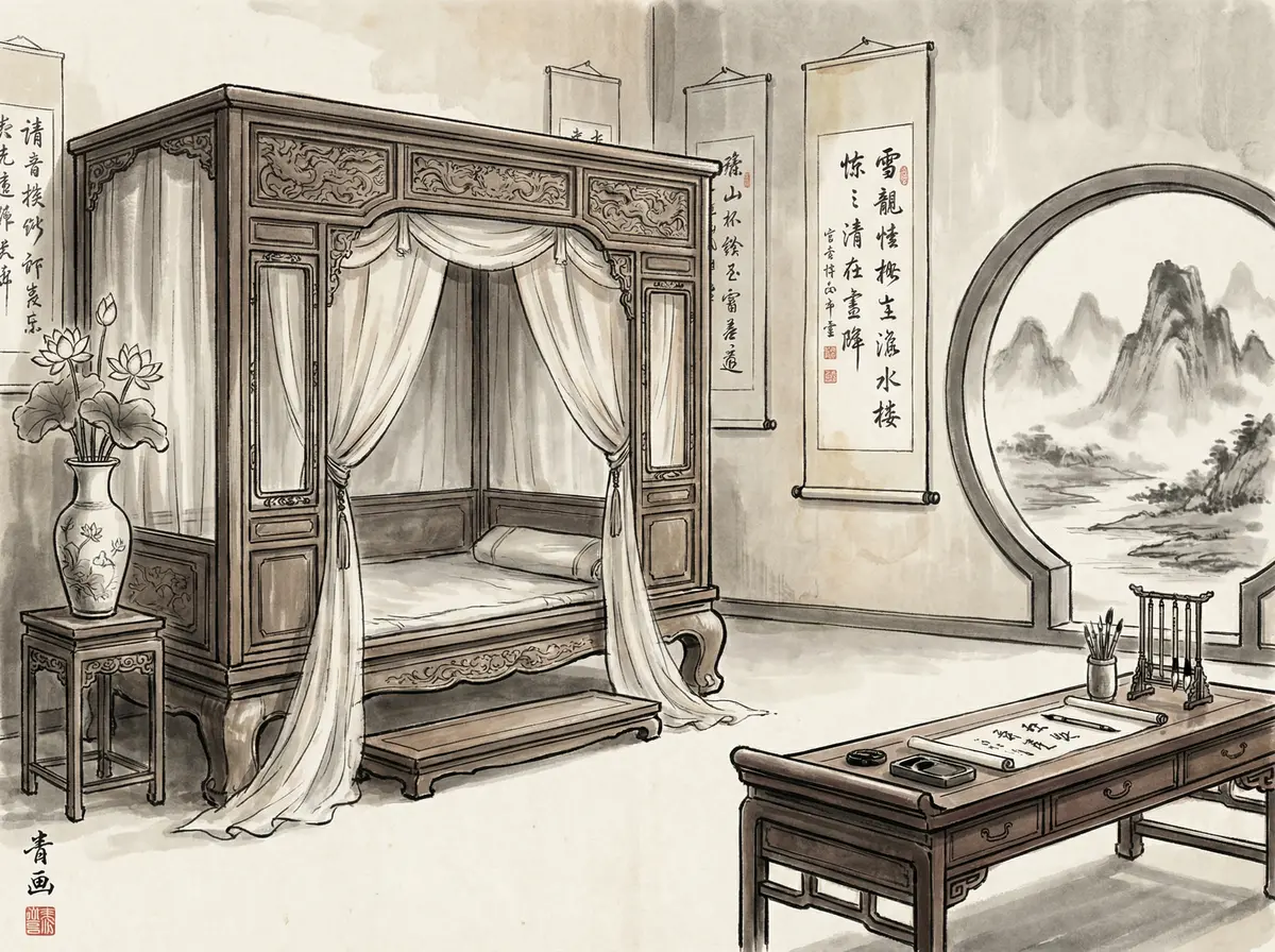 澳门金沙水墨主题豪华客房内景展示红木家具与书法挂轴