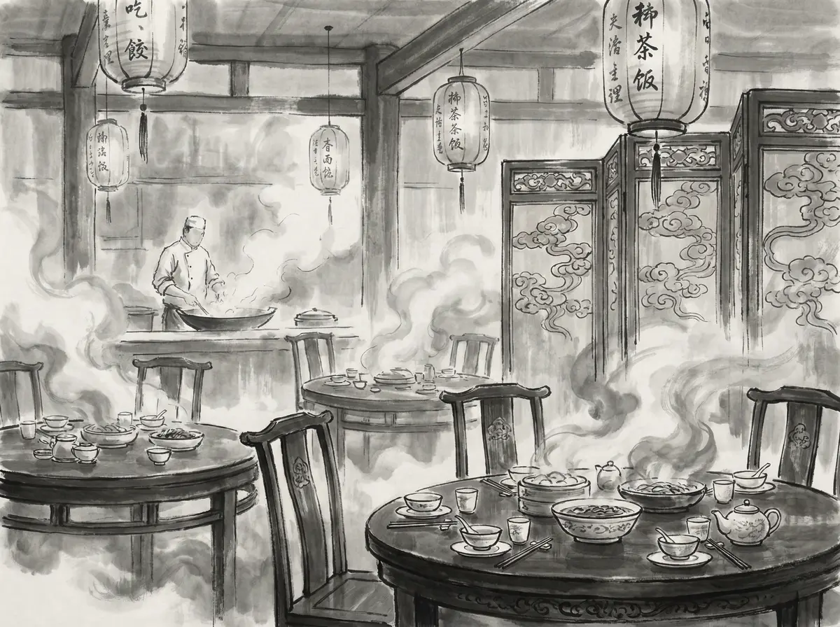 澳门金沙墨香食府水墨风格中餐厅内景展示传统瓷器餐具与雕花屏风