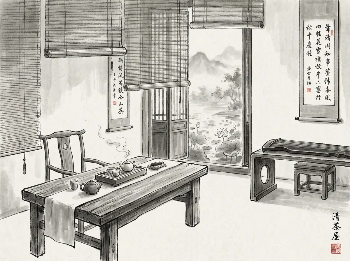 澳门金沙听雨轩茶室水墨画风格展示功夫茶具与古琴