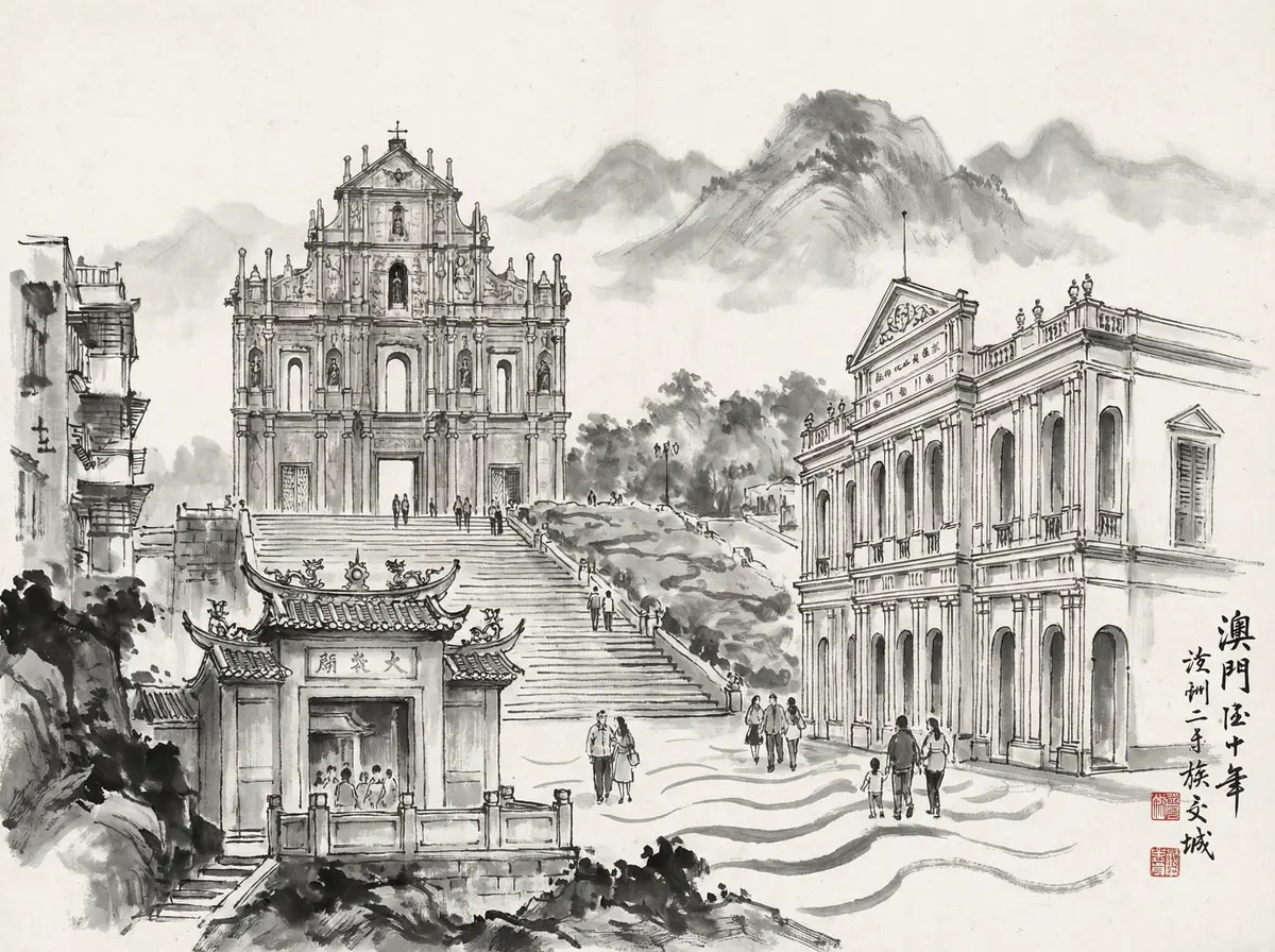 澳门金沙推荐澳门大三巴牌坊水墨画风格旅游景点